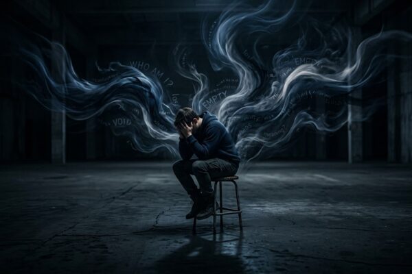 शून्यता और अकेलेपन को दर्शाता एक व्यक्ति, जो विचारों के सागर में खोया हुआ है