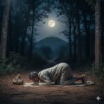 A lone Indian devotee performing dandavat parikrama on a forest path under full moonlight near Giriraj Hill, surrounded by calm nature, reflecting devotion, surrender, divine protection, and spiritual peace.