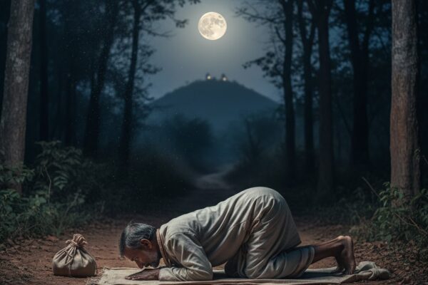 A lone Indian devotee performing dandavat parikrama on a forest path under full moonlight near Giriraj Hill, surrounded by calm nature, reflecting devotion, surrender, divine protection, and spiritual peace.