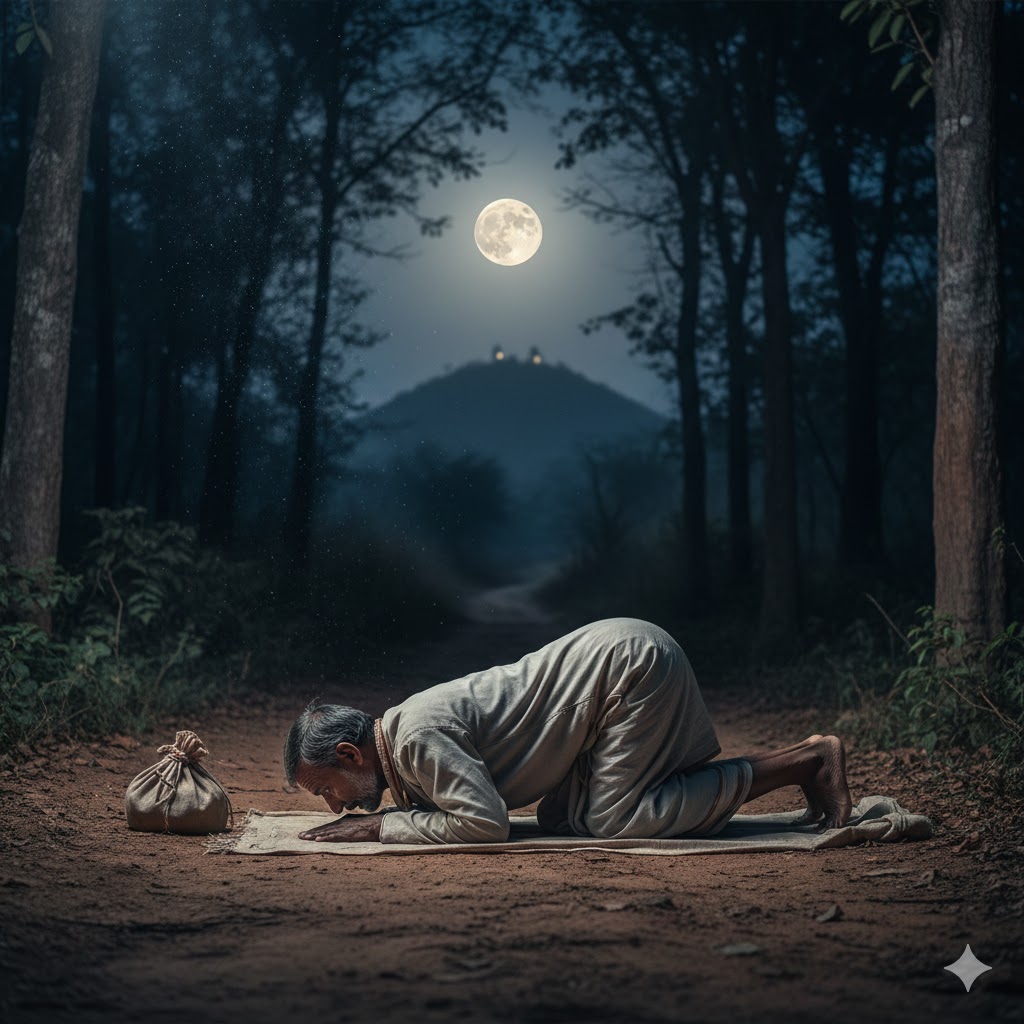 A lone Indian devotee performing dandavat parikrama on a forest path under full moonlight near Giriraj Hill, surrounded by calm nature, reflecting devotion, surrender, divine protection, and spiritual peace.