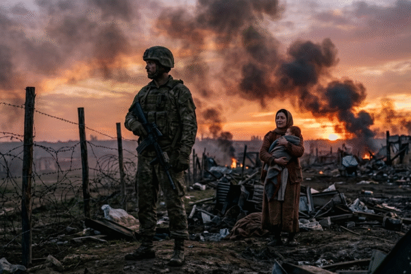 war battlefield with soldier and emotional mother with child, symbolizing pain of war and hope for peace
