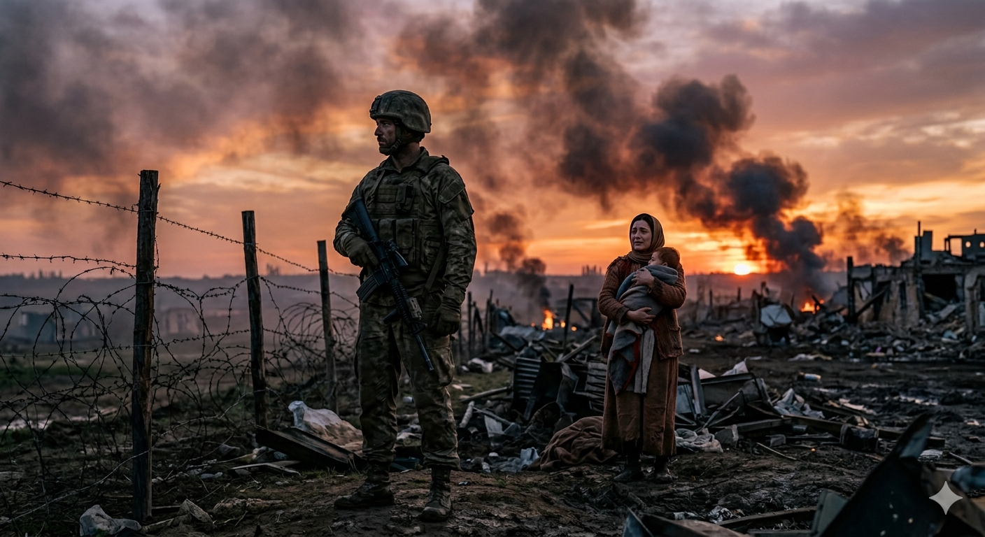 war battlefield with soldier and emotional mother with child, symbolizing pain of war and hope for peace
