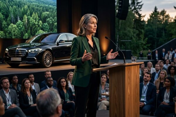 एक पर्यावरणविद् मंच पर भाषण देते हुए, पीछे लक्ज़री कार का दृश्य