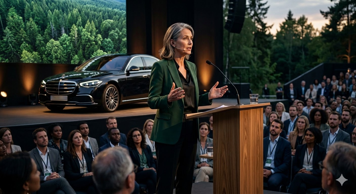 एक पर्यावरणविद् मंच पर भाषण देते हुए, पीछे लक्ज़री कार का दृश्य