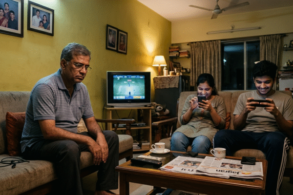 घर में उदास बैठा पिता और मोबाइल में व्यस्त बच्चे, बदलते पारिवारिक रिश्तों का दृश्य