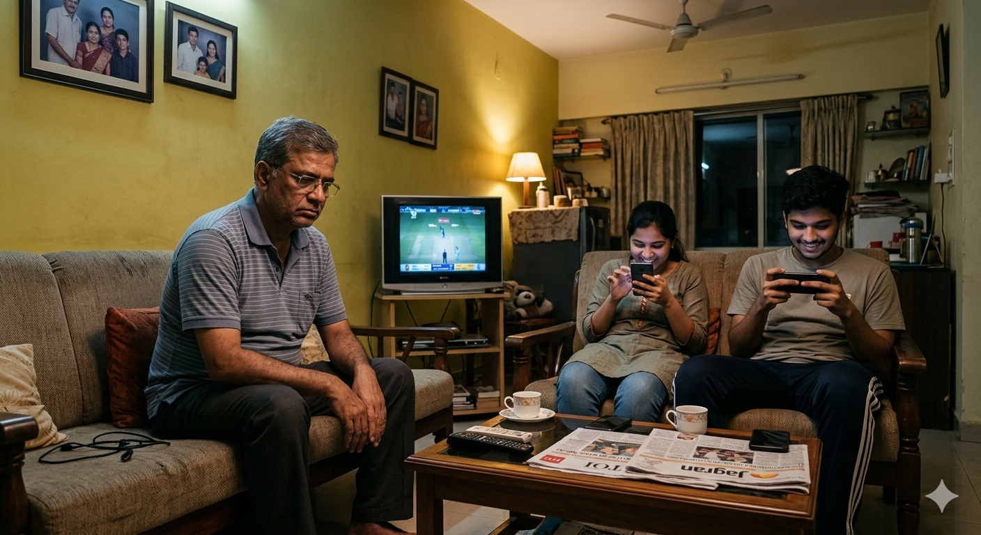 घर में उदास बैठा पिता और मोबाइल में व्यस्त बच्चे, बदलते पारिवारिक रिश्तों का दृश्य
