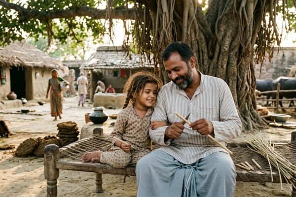 गाँव के आँगन में अपनी छोटी भांजी के साथ बैठा एक स्नेही मामा, उसे कलम बनाना सिखाते हुए, ग्रामीण परिवेश में प्रेम, सुरक्षा और बचपन की यादों से भरा भावनात्मक दृश्य।