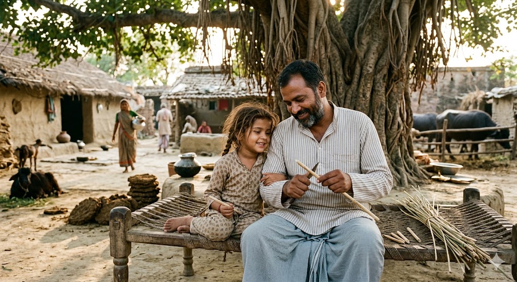 गाँव के आँगन में अपनी छोटी भांजी के साथ बैठा एक स्नेही मामा, उसे कलम बनाना सिखाते हुए, ग्रामीण परिवेश में प्रेम, सुरक्षा और बचपन की यादों से भरा भावनात्मक दृश्य।