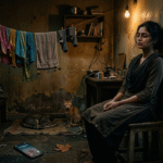 Realistic scene of a tired young woman sitting alone in a dim, cluttered room during rain, with wet clothes hanging, cats nearby, and a phone on the floor showing missed calls, expressing guilt and emotional heaviness, with a blurred train visible outside the window.