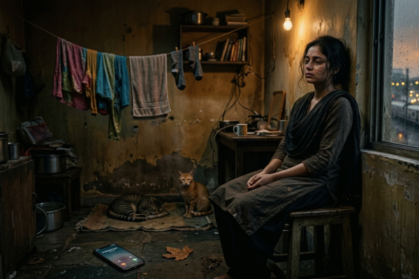 Realistic scene of a tired young woman sitting alone in a dim, cluttered room during rain, with wet clothes hanging, cats nearby, and a phone on the floor showing missed calls, expressing guilt and emotional heaviness, with a blurred train visible outside the window.