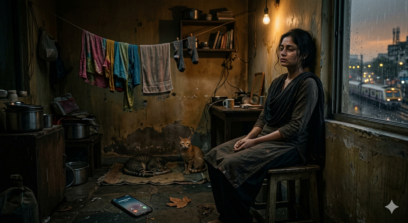 Realistic scene of a tired young woman sitting alone in a dim, cluttered room during rain, with wet clothes hanging, cats nearby, and a phone on the floor showing missed calls, expressing guilt and emotional heaviness, with a blurred train visible outside the window.