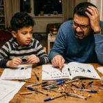 father teaching math to child with broken pens and nervous expressions, funny childhood memory scene