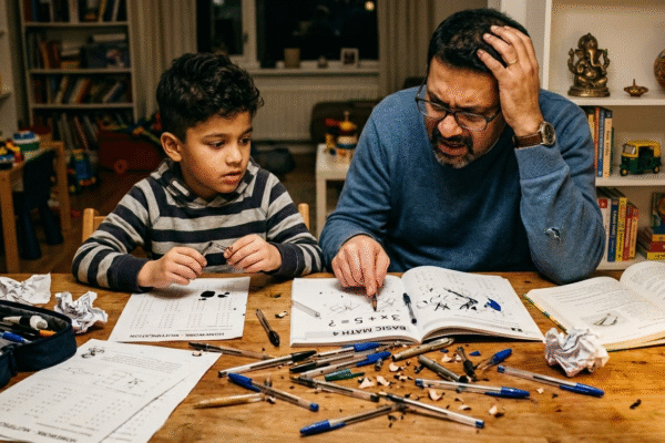 father teaching math to child with broken pens and nervous expressions, funny childhood memory scene