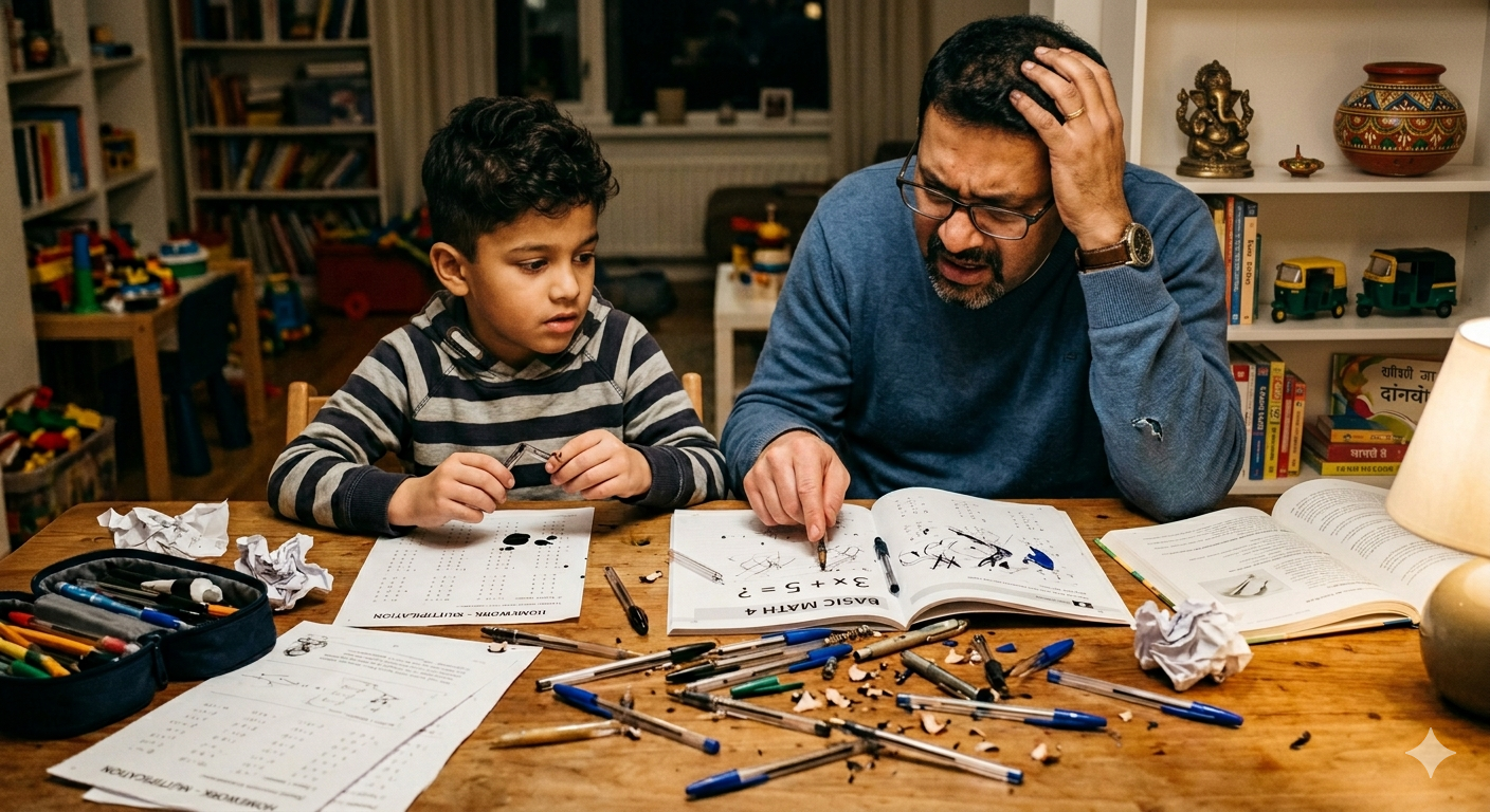 father teaching math to child with broken pens and nervous expressions, funny childhood memory scene