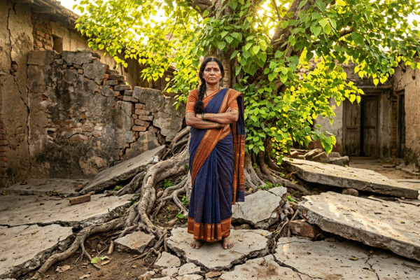 कंक्रीट को तोड़कर उगता पीपल का पेड़ और आत्मविश्वास से खड़ी एक मजबूत महिला