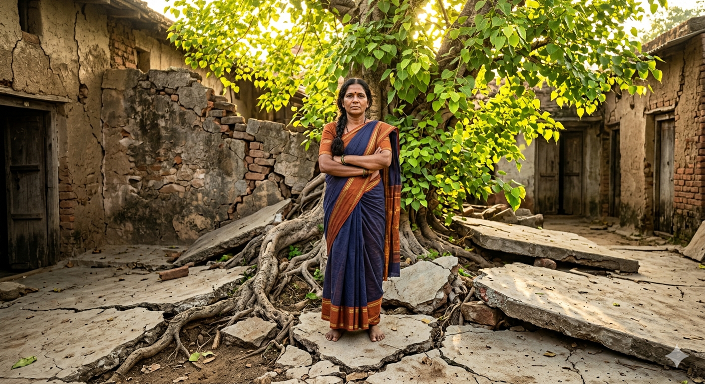 कंक्रीट को तोड़कर उगता पीपल का पेड़ और आत्मविश्वास से खड़ी एक मजबूत महिला
