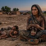 मिट्टी में बैठी एक ग्रामीण महिला बुनाई करती हुई, थका हुआ चेहरा, लेकिन आंखों में उम्मीद और संघर्ष की झलक