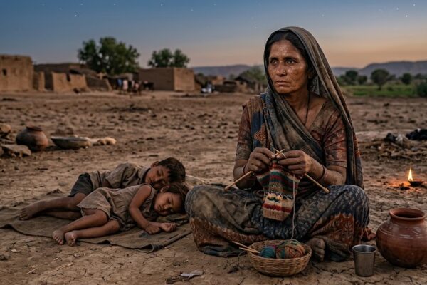 मिट्टी में बैठी एक ग्रामीण महिला बुनाई करती हुई, थका हुआ चेहरा, लेकिन आंखों में उम्मीद और संघर्ष की झलक