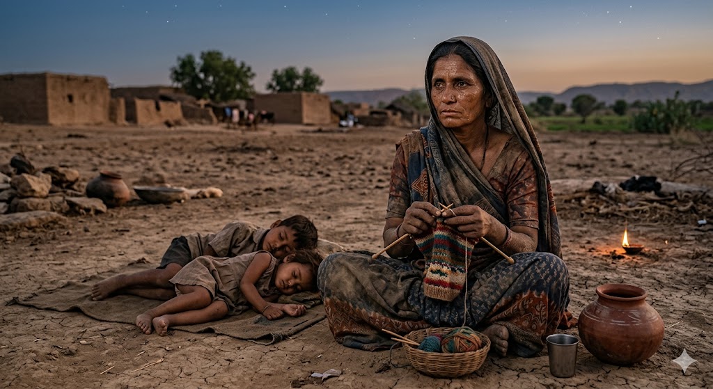 मिट्टी में बैठी एक ग्रामीण महिला बुनाई करती हुई, थका हुआ चेहरा, लेकिन आंखों में उम्मीद और संघर्ष की झलक
