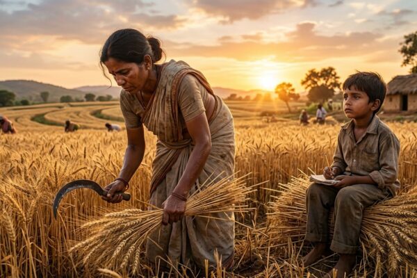 खेत में मेहनत करती माँ और उसके साथ खड़ा बच्चा, जो गरीबी और शिक्षा के संघर्ष को दर्शाता है