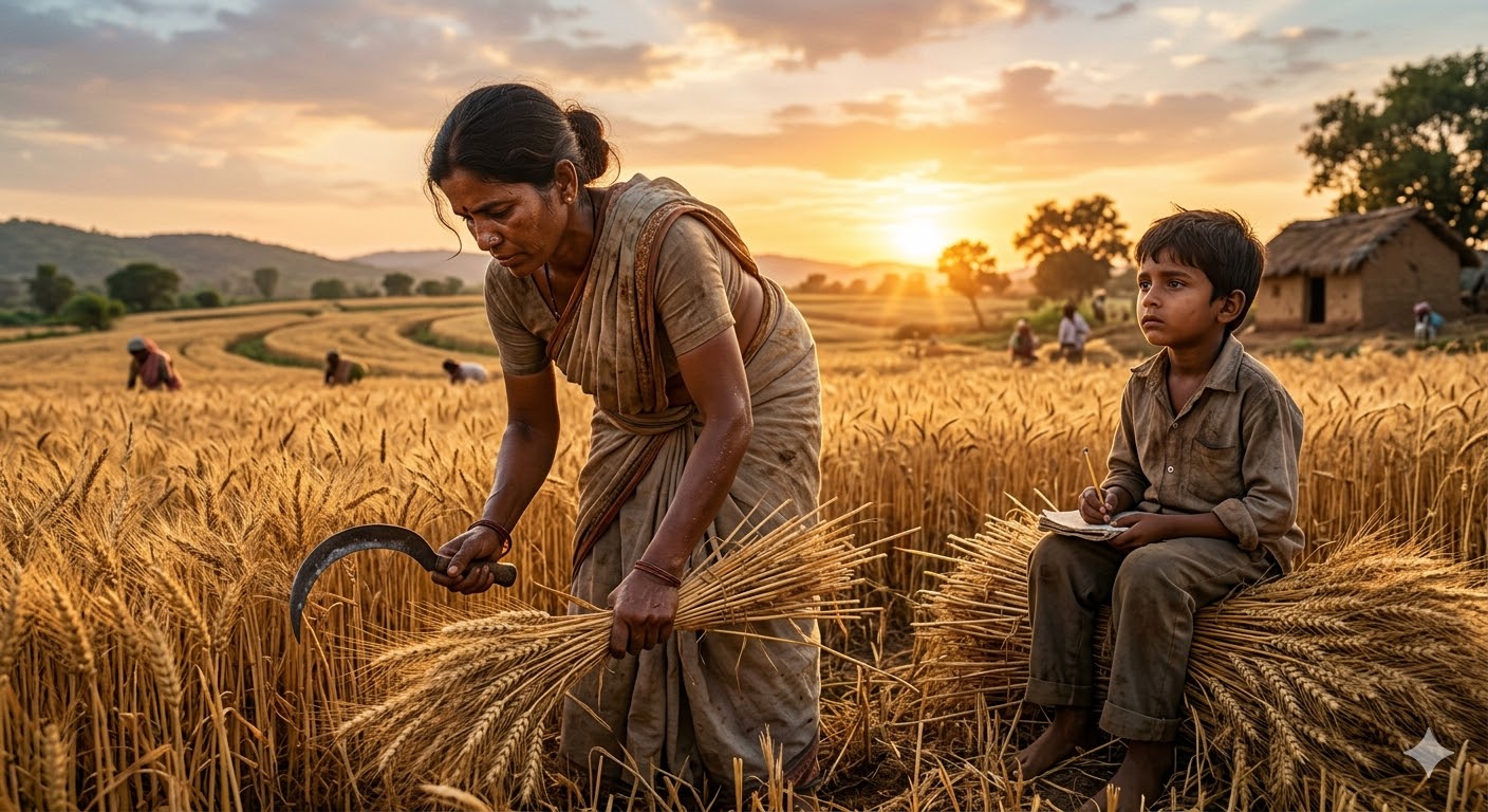 खेत में मेहनत करती माँ और उसके साथ खड़ा बच्चा, जो गरीबी और शिक्षा के संघर्ष को दर्शाता है