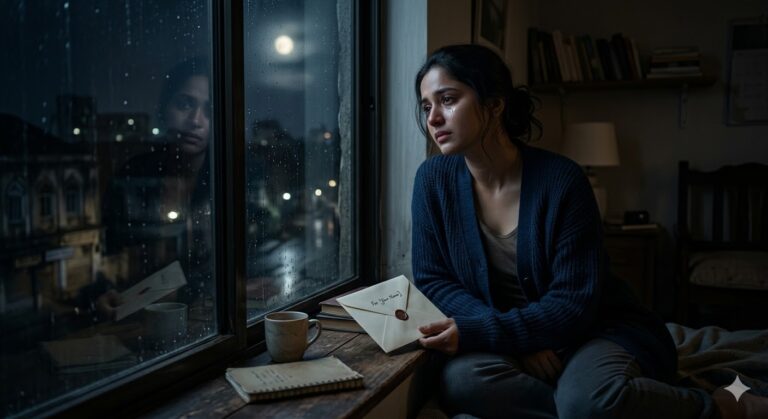 खिड़की के पास बैठा एक अकेला व्यक्ति, हाथ में ख़त लिए, जो इंतज़ार और अधूरे इश्क़ को दर्शाता है