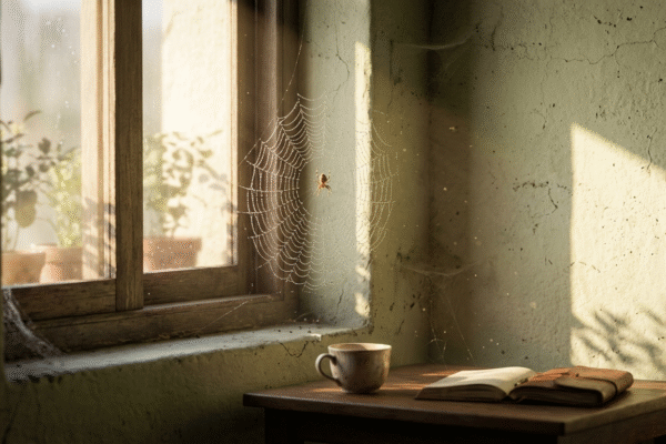 सुबह की रोशनी में दीवार के कोने में जाल बुनती मकड़ी, पास में खिड़की से आती हल्की धूप