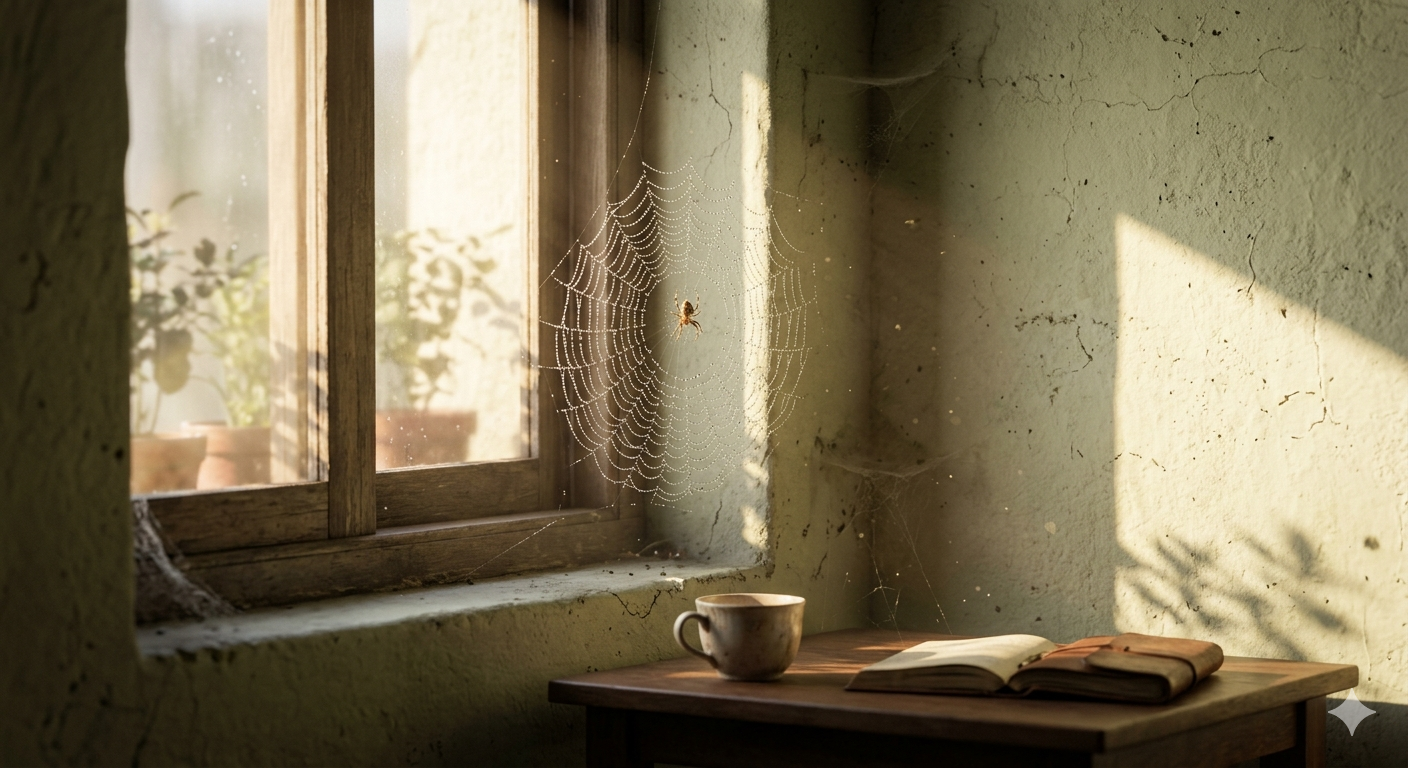 सुबह की रोशनी में दीवार के कोने में जाल बुनती मकड़ी, पास में खिड़की से आती हल्की धूप