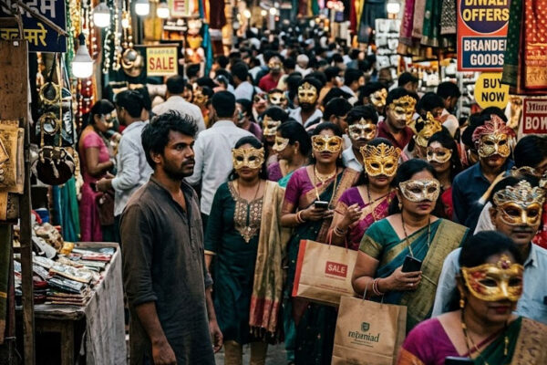 आधुनिक समाज के दिखावे और बाहरी चमक में खोते मानवीय मूल्यों को दर्शाती प्रतीकात्मक कलात्मक छवि।