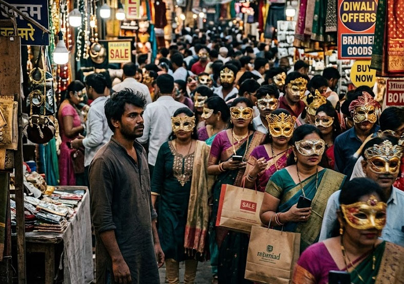 आधुनिक समाज के दिखावे और बाहरी चमक में खोते मानवीय मूल्यों को दर्शाती प्रतीकात्मक कलात्मक छवि।