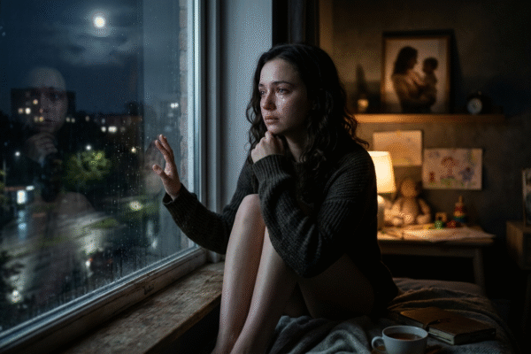 चांदनी रात में खिड़की के पास बैठा व्यक्ति, यादों में खोया, हल्की रोशनी और भावनात्मक माहौल