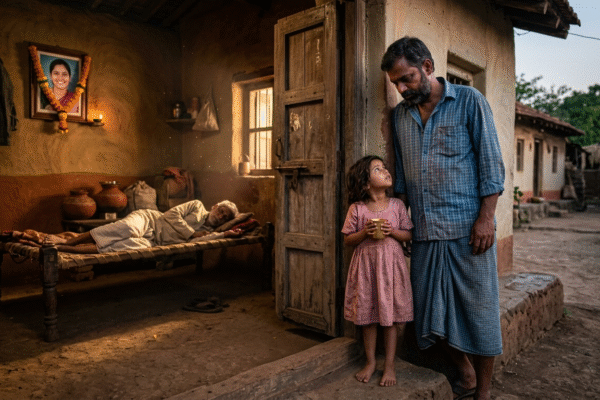 गांव के आंगन में एक लड़की चाय का कप पकड़े, सामने भावुक खड़ा एक युवक, हल्की धूप और भावनात्मक माहौल