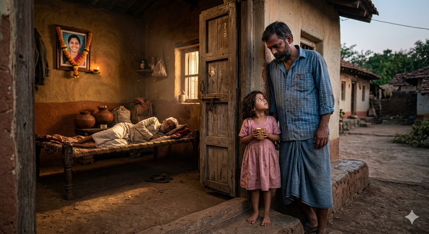 गांव के आंगन में एक लड़की चाय का कप पकड़े, सामने भावुक खड़ा एक युवक, हल्की धूप और भावनात्मक माहौल