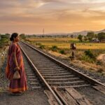 रेलवे पटरी के पास खड़ी एक महिला, जो दूर खेतों की ओर देख रही है अकेलेपन और आज़ादी की चाह का प्रतीक