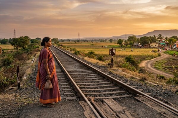 रेलवे पटरी के पास खड़ी एक महिला, जो दूर खेतों की ओर देख रही है अकेलेपन और आज़ादी की चाह का प्रतीक