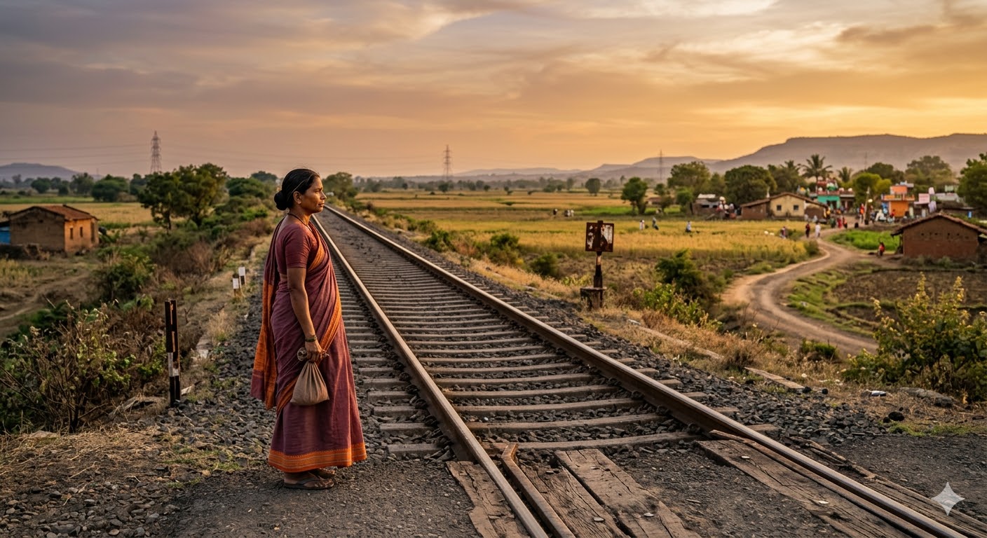 रेलवे पटरी के पास खड़ी एक महिला, जो दूर खेतों की ओर देख रही है अकेलेपन और आज़ादी की चाह का प्रतीक