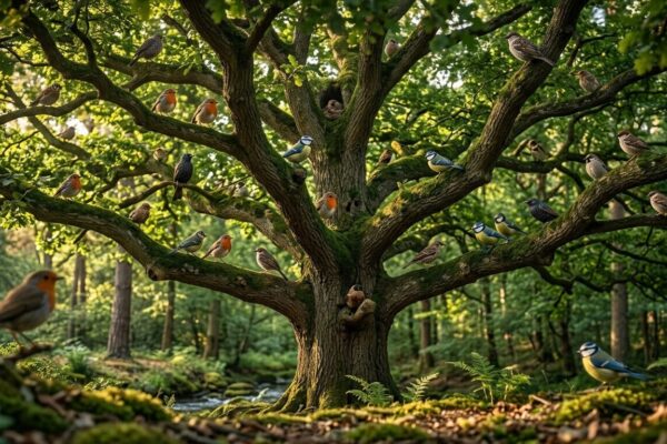 हरा-भरा पेड़ जिसकी शाखाओं पर पक्षी बसेरा किए हुए हैं