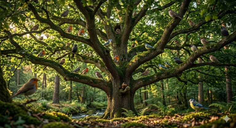 हरा-भरा पेड़ जिसकी शाखाओं पर पक्षी बसेरा किए हुए हैं