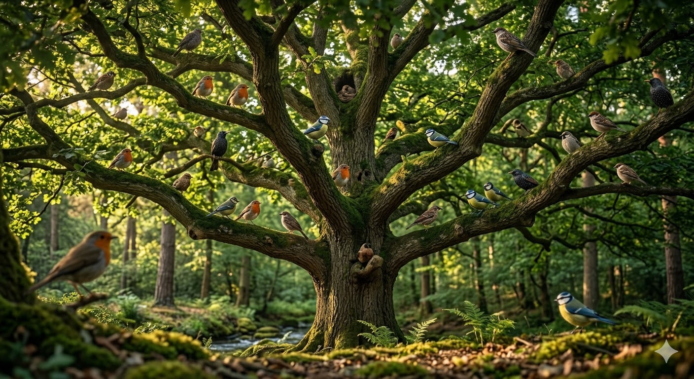 हरा-भरा पेड़ जिसकी शाखाओं पर पक्षी बसेरा किए हुए हैं