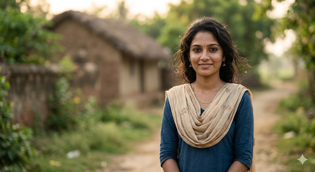 मासूम मुस्कान और गहरे रहस्यमयी नयनों वाली साधारण भारतीय युवती