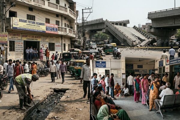 समाज की संवेदनहीनता पर आधारित हिंदी कविता, जिसमें गंदगी, सफाई कर्मी की पीड़ा, पुल हादसा, अस्पताल लापरवाही और शिक्षा के व्यवसायीकरण को दर्शाया गया है