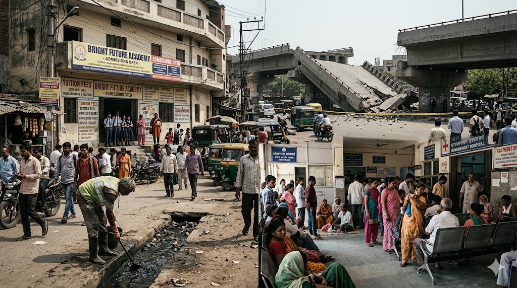 समाज की संवेदनहीनता पर आधारित हिंदी कविता, जिसमें गंदगी, सफाई कर्मी की पीड़ा, पुल हादसा, अस्पताल लापरवाही और शिक्षा के व्यवसायीकरण को दर्शाया गया है