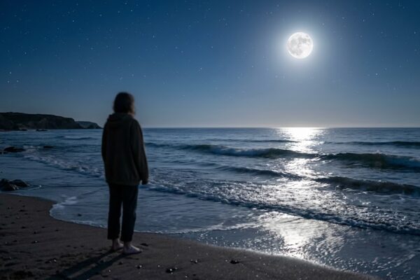 “पूर्णिमा की रात समुद्र किनारे चाँदनी में चमकती लहरें, शांत वातावरण में भावनात्मक गहराई का दृश्य”