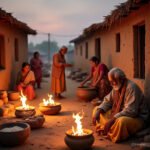 , showing two old brothers reconciling after a small quarrel, sitting together near a mud house courtyard. In the background, women are cooking on a traditional clay chulha with firewood, and a neighbor is taking fire from their hearth. Nearby, an old man is pounding rice in a wooden mortar with a pestle, while children peek curiously over a mud wall.