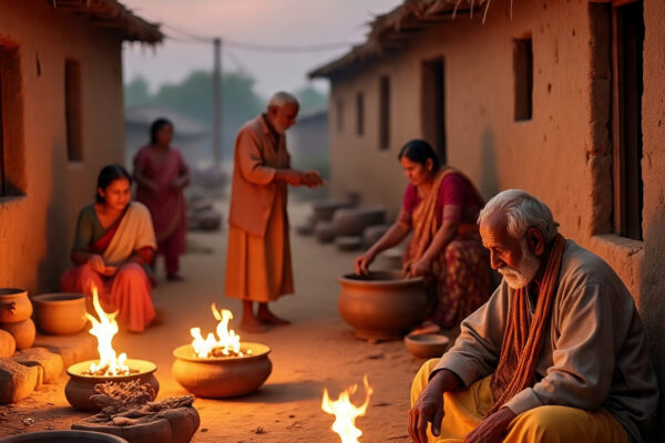 , showing two old brothers reconciling after a small quarrel, sitting together near a mud house courtyard. In the background, women are cooking on a traditional clay chulha with firewood, and a neighbor is taking fire from their hearth. Nearby, an old man is pounding rice in a wooden mortar with a pestle, while children peek curiously over a mud wall.