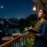 रात के शांत आकाश के नीचे हाथ में कलम लिए खड़ी एक भारतीय महिला, अंधकार और उम्मीद के बीच संवाद और उजाले की प्रतीकात्मक अनुभूति।