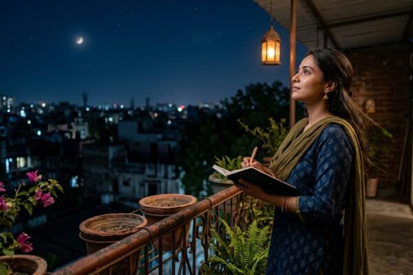 रात के शांत आकाश के नीचे हाथ में कलम लिए खड़ी एक भारतीय महिला, अंधकार और उम्मीद के बीच संवाद और उजाले की प्रतीकात्मक अनुभूति।