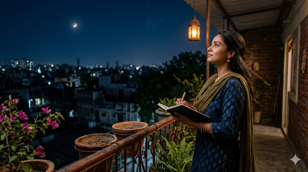 रात के शांत आकाश के नीचे हाथ में कलम लिए खड़ी एक भारतीय महिला, अंधकार और उम्मीद के बीच संवाद और उजाले की प्रतीकात्मक अनुभूति।