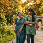 पार्क में एक व्यक्ति बुजुर्ग की मदद करते हुए, सकारात्मकता और मानसिक शांति का दृश्य