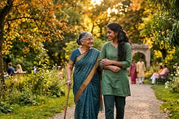 पार्क में एक व्यक्ति बुजुर्ग की मदद करते हुए, सकारात्मकता और मानसिक शांति का दृश्य